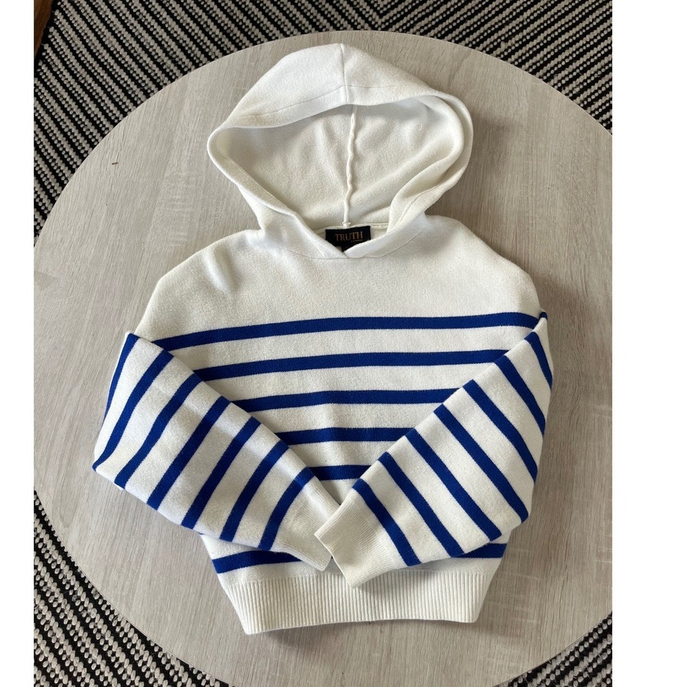 Truth by Republic White Blue Striped Knit Hoodie Sweater Women Medium